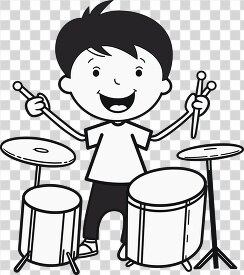 boy in a white shirt happily playing a drum kit
