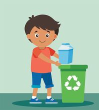 boy is smiling as places plastic bottles into a green recycling 