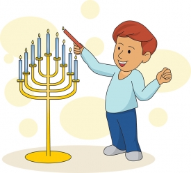 boy lighting menorah candle hanukah clipart