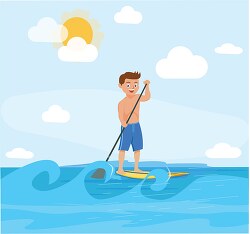 boy paddleboarding in the ocean waves sunny day clipart