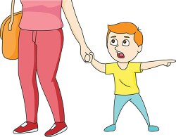 boy pointing pulling mothers hand while walking clip art