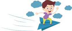 boy riding  paper airplane in the clouds vector clipart