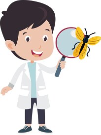 boy scientist holds a big magnifying glass while a flying insect