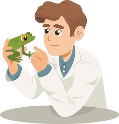 boy Scientist observes a green frog in science class