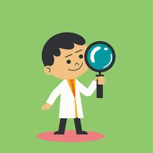boy scientist with a big magnifying glass on a green background