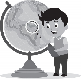 boy searching countries on globe geography gray color clipart