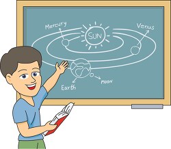boy showing illustration of solar system in classroom