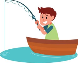 boy sits in small wooden boat hoolfing fishing pole Clipart