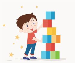 boy stacking colorful blocks smiling and playing clipart