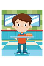 boy stands in the cafeteria holding a tray with food