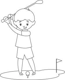 boy swings golf club aims at ball on tee black outline clipart