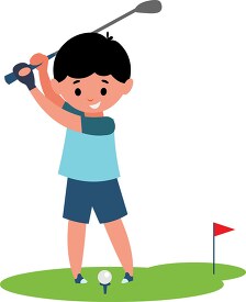 boy swings golf club with ball on tee Clipart