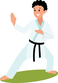 boy wearing black belt practices hand and kick moves Clipart