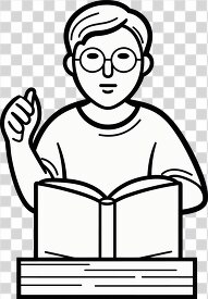 boy wearing glasses reads his history book black white outline