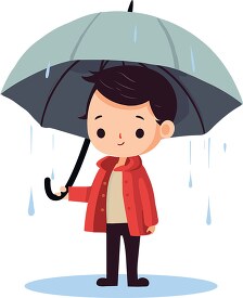 boy wearing red jacket holds an umbrella in the rain
