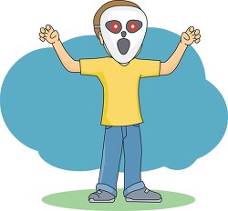 boy wearing scary white halloween mask clipart