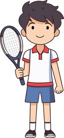 boy wearing tennis outfit holds racquet in his hand