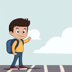 boy with a backpack looking forward on a pedestrian crossing