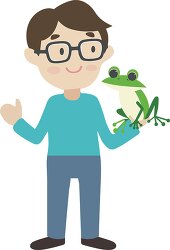 boyl Scientist holding a large green frog in his hand
