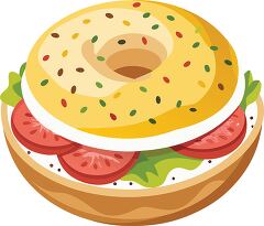 breakfast bagel filled with fresh tomato slices, lettuce, and cream cheese, sprinkled with seeds - breakfast clipart