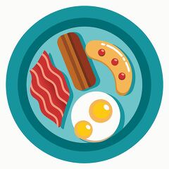 A plate of bacon, sausage, and two fried eggs, arranged on a teal dish