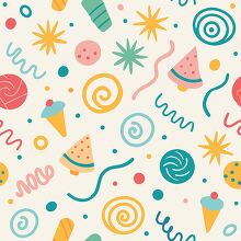 Bright and playful doodles in a repeating pattern featuring conf