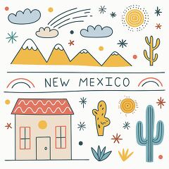 Bright and whimsical depiction of New Mexico desert landscape an