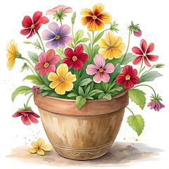 Bright Spring flowers in a clay PNG