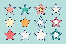 Brightly colored stars with simple outlines and various fill pat