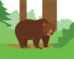 brown bear in the woods with trees and grass clip art