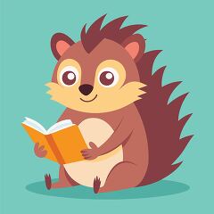 brown hedgehog sits holding an open book and looks focused