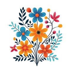 bunch of bright colorful flowers with decorative foliage on whit
