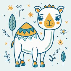 camel character stands in a floral themed pattern