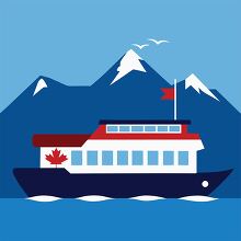 Canadian ferry boat cruising by snowy mountains