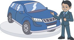car salesman standing in front new auto clipart