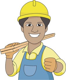 carpenter wearing hard hat carries wood planks clipart