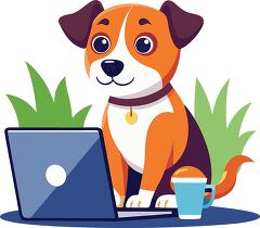 Cartoon a brown dog typing on a laptop