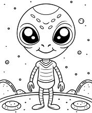 Cartoon alien character in a striped spacesuit in space