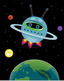 cartoon alien spaceship flying in space with planets and stars i