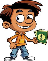 cartoon boy holding money and smiling clipart