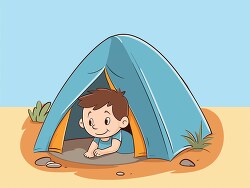 cartoon boy peeks out from a blue camping tent