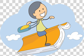 cartoon boy riding on book in the air transparent