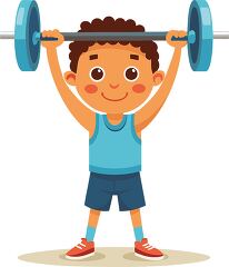 cartoon boy weightlifting with determination and a bright smile