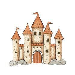 cartoon castle with tall turrent towers and drawbridge