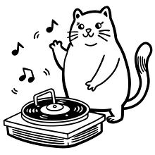 cartoon cat enjoying music while spinning vinyl records