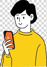 cartoon character smiling while looking at an orange smartphone