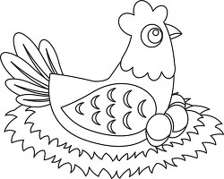 cartoon chicken laying on its nest with eggs in it outline