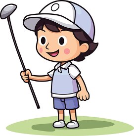 cartoon child ready to play golf with a cheerful expression