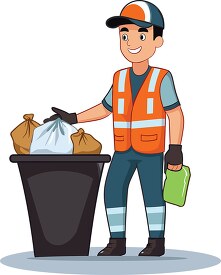 Cartoon garbage man with trash can and recycling bottle