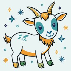 cartoon goat with orange and teal accents and friendly eyes is s